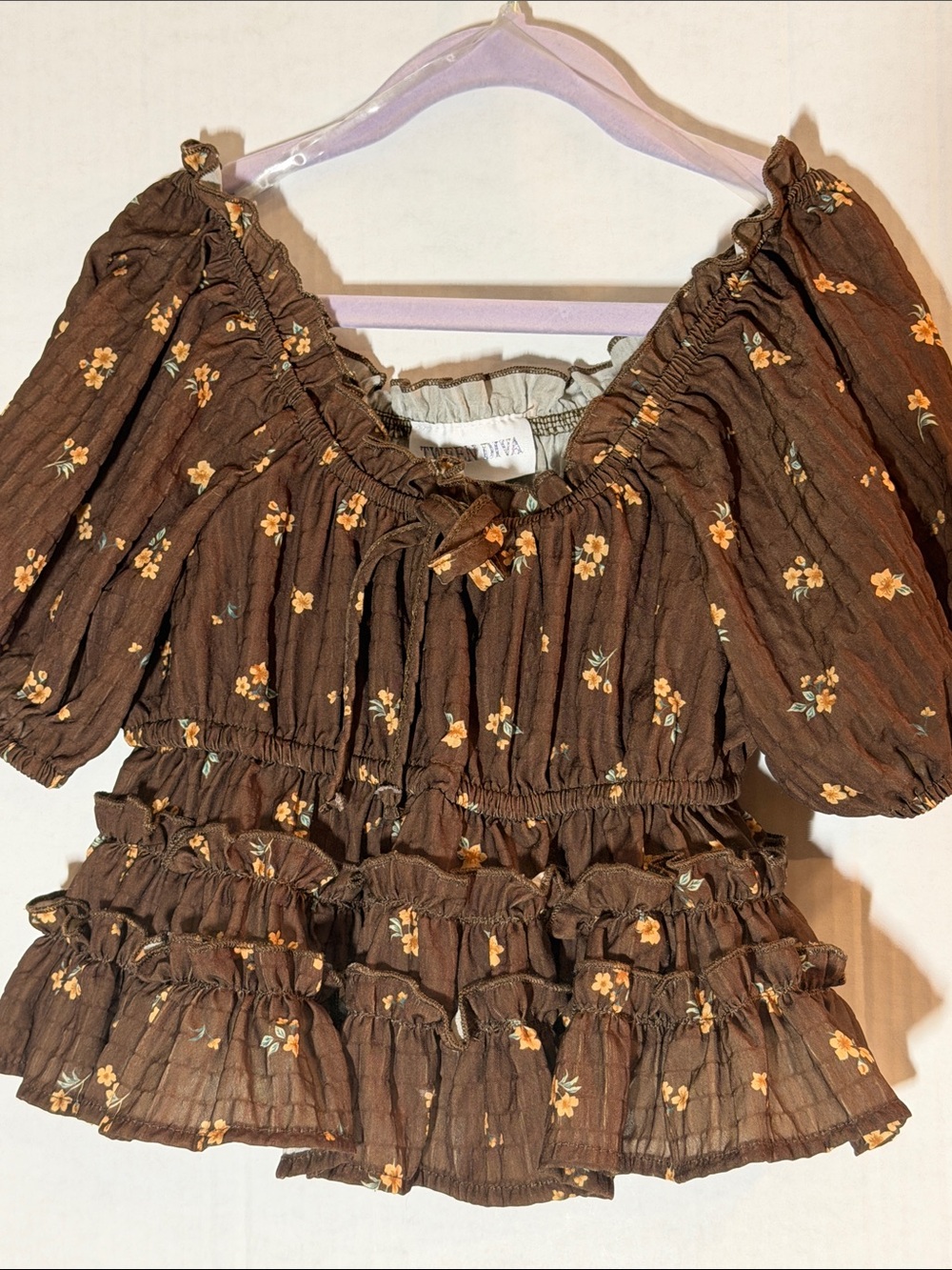 Love Tree Brown Floral Ruffled Peasant Blouse